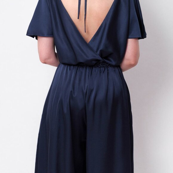 Navy Blue Silk Jumpsuit Size 8 - Picture 2 of 5